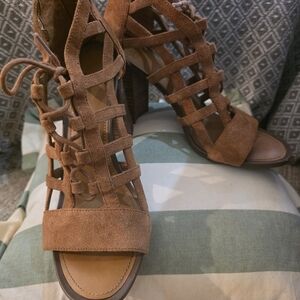 SARTO By Franco Sarto Tan Suede Lace-Up Caged Block Heels